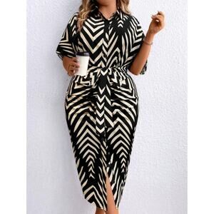 SHEIN Geometric Chevron Print Button Down Midi Shirt Dress - Black/Cream